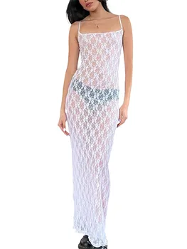 Элегантное кружевное платье-футляр на тонких бретельках, без рукавов и прозрачное, идеально подходящее для вечеринок и клубов
