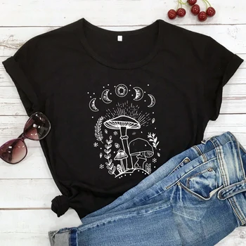 Эстетичная футболка с грибными фазами Луны, винтажная женская футболка cottagecore nature